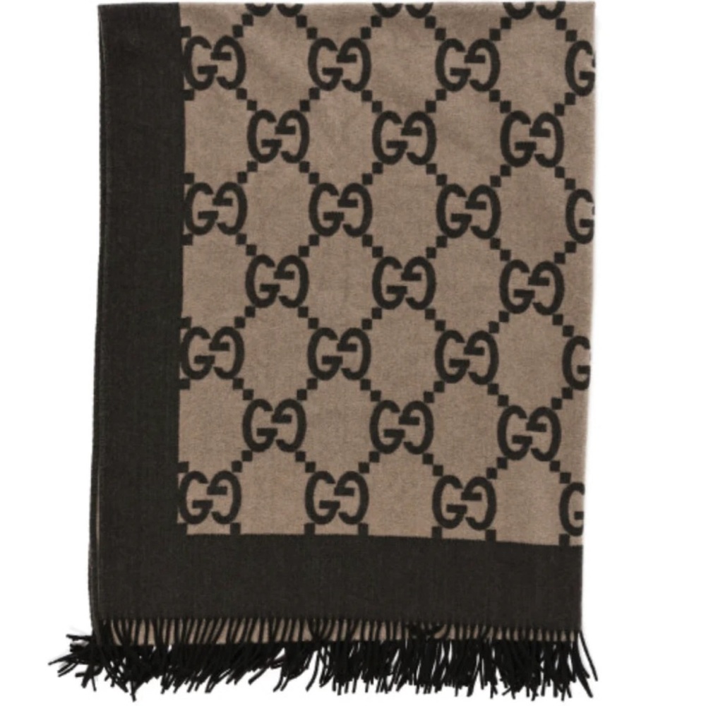 GUCCI Wool Cashmere GG Monogram Blanket/Wrap Dark Brown
